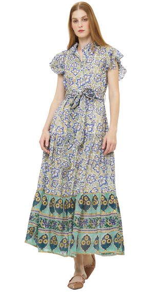 Ruffle Collar Button Maxi- Ivy Cobalt