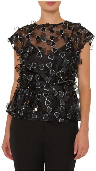 Ryan Clover Bow Organza Top - Black