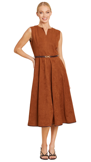 Faux Suede Belted Midi Dress - Rust